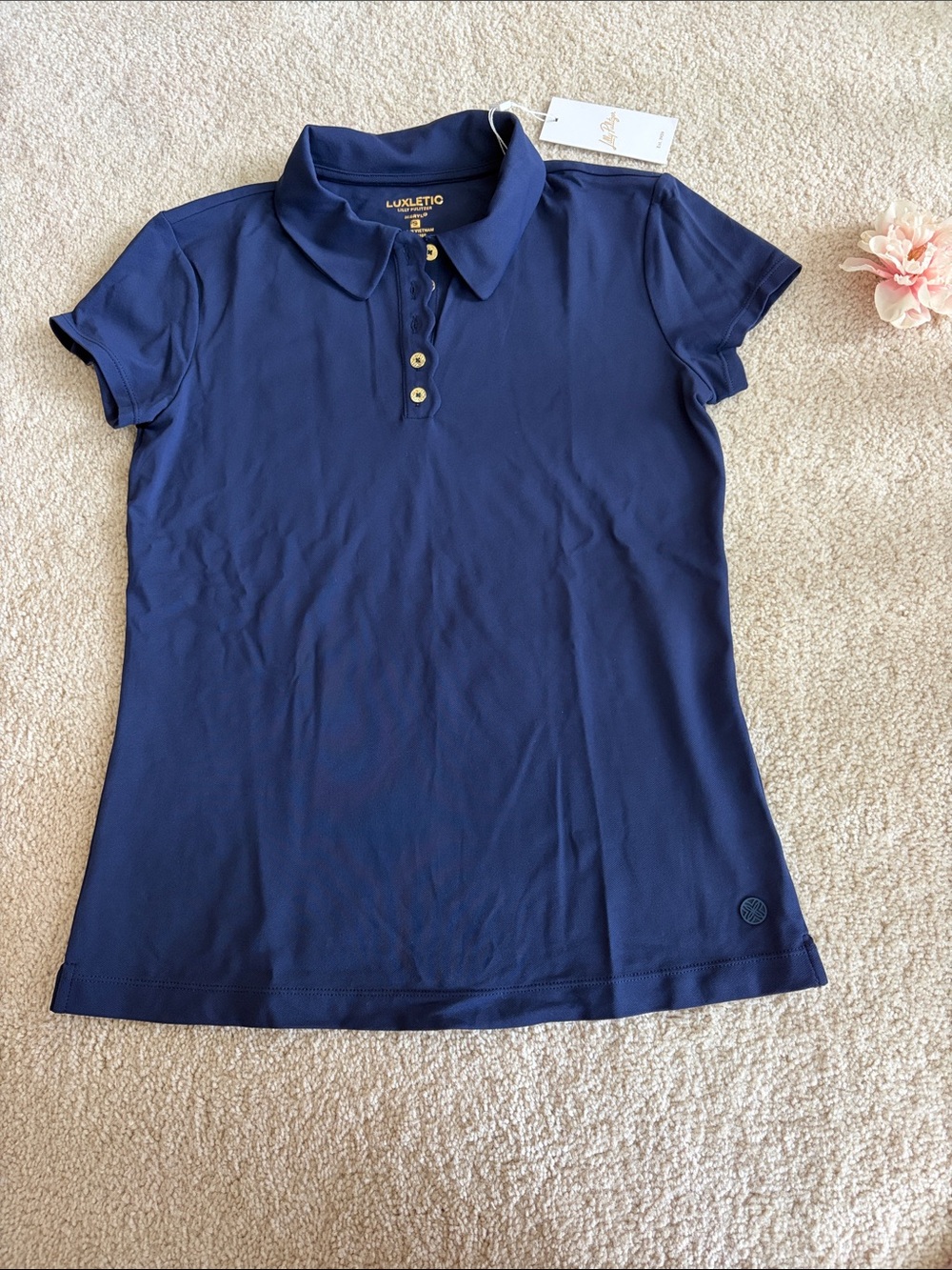 Lilly Pulitzer Frida Luxletic Navy Button-Down Polo, S, NWT